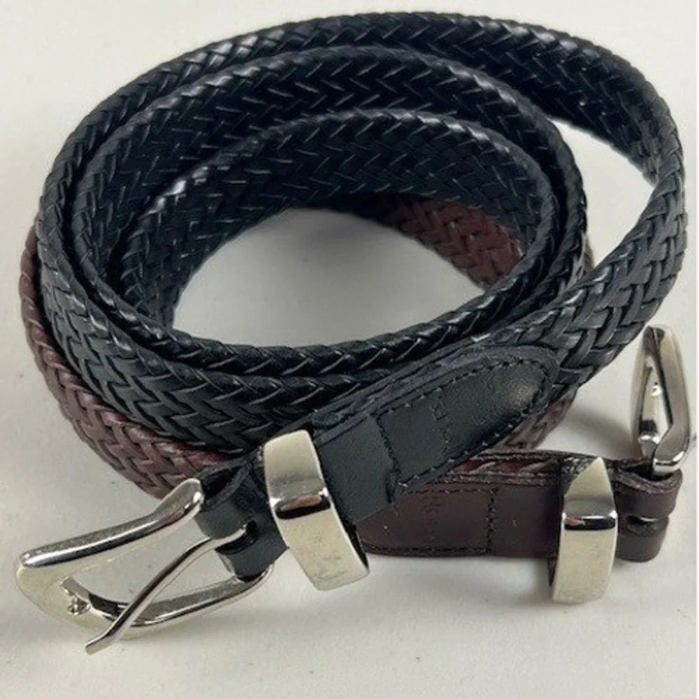 Rolfs Women's Braided Leather Belt Black & Brown Silver Buckle Size M Set of 2